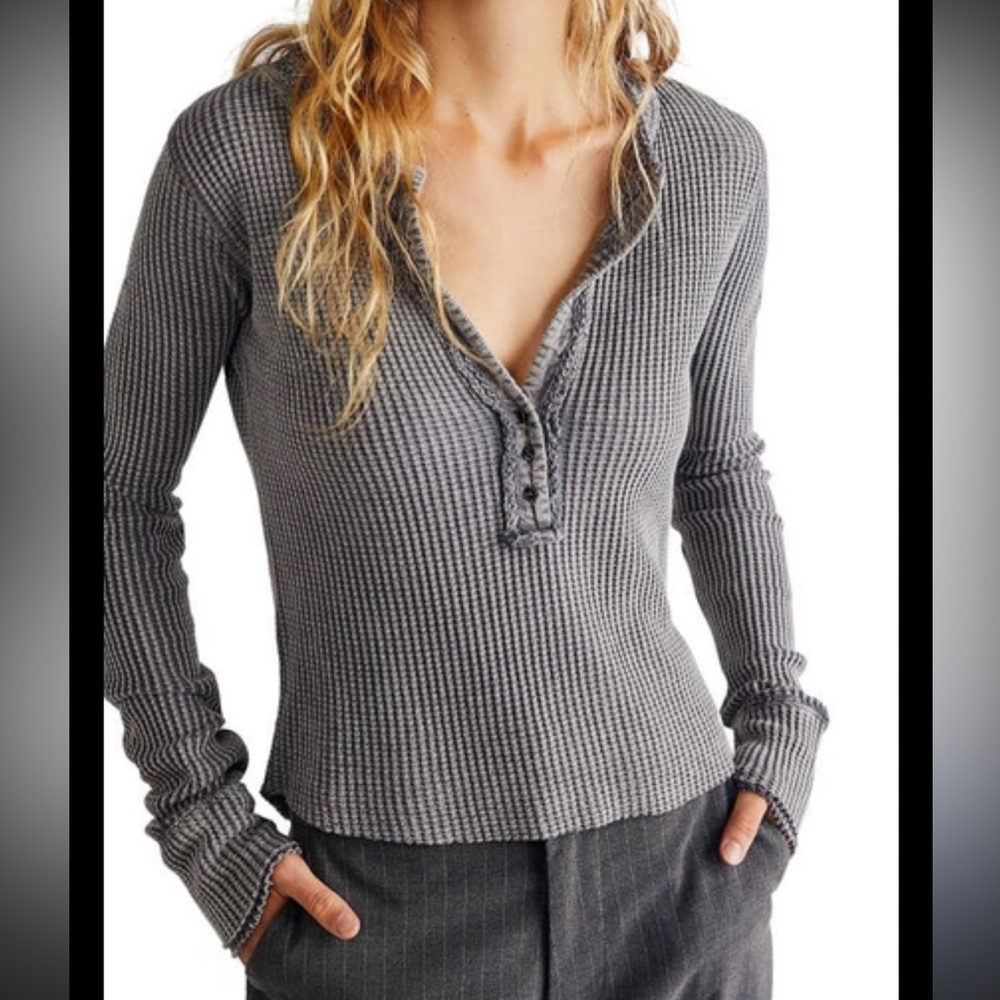 Free People FP One Colt Thermal LS washed‎ grey waffle knit henley WN LRG NWT